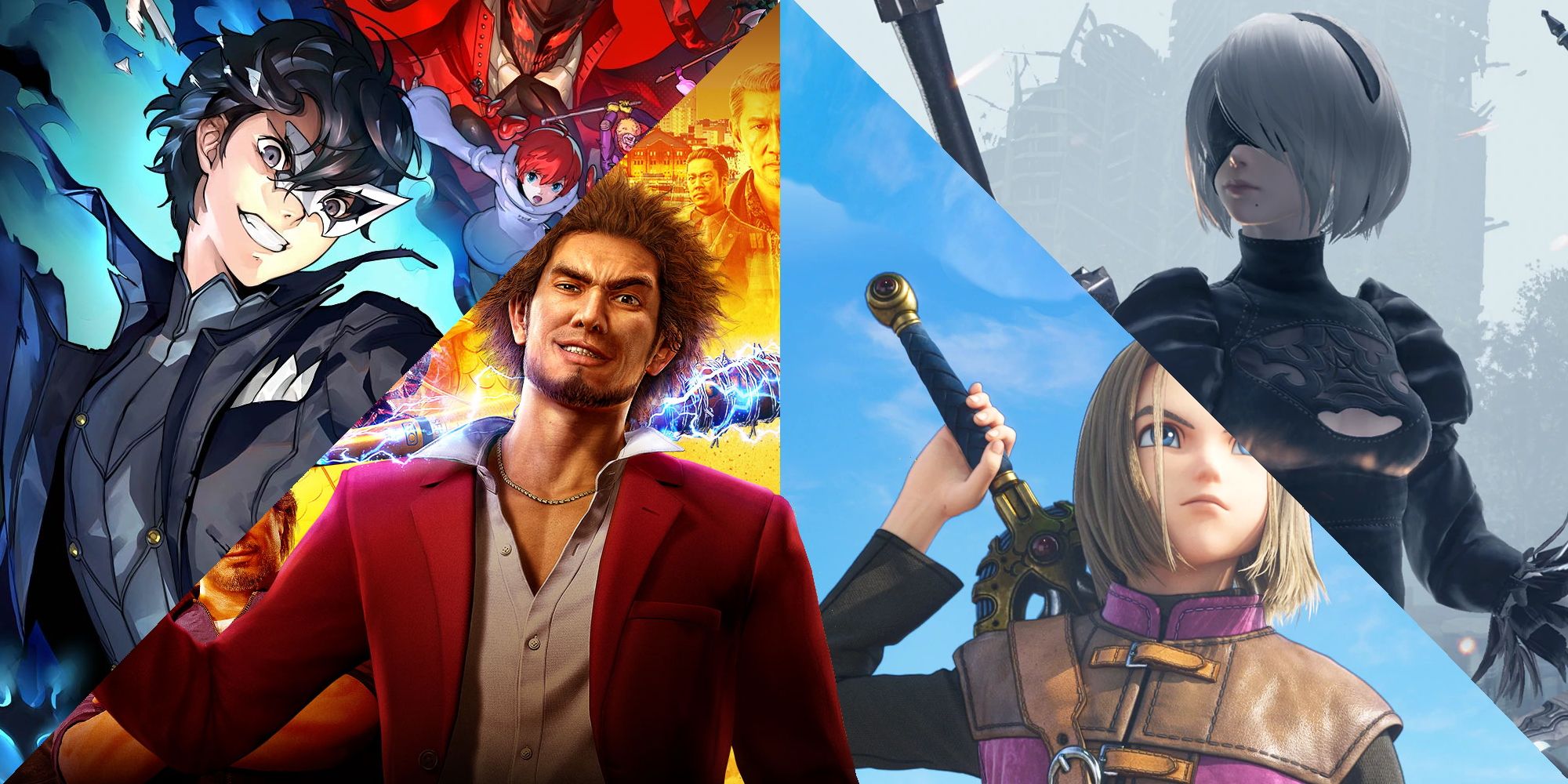 Long Running RPG Franchises That Are In A Better State Now Than Ever (With an image from Yakuza: Like A Dragon, Nier Automata, Dragon Quest 11, and Persona Strikers