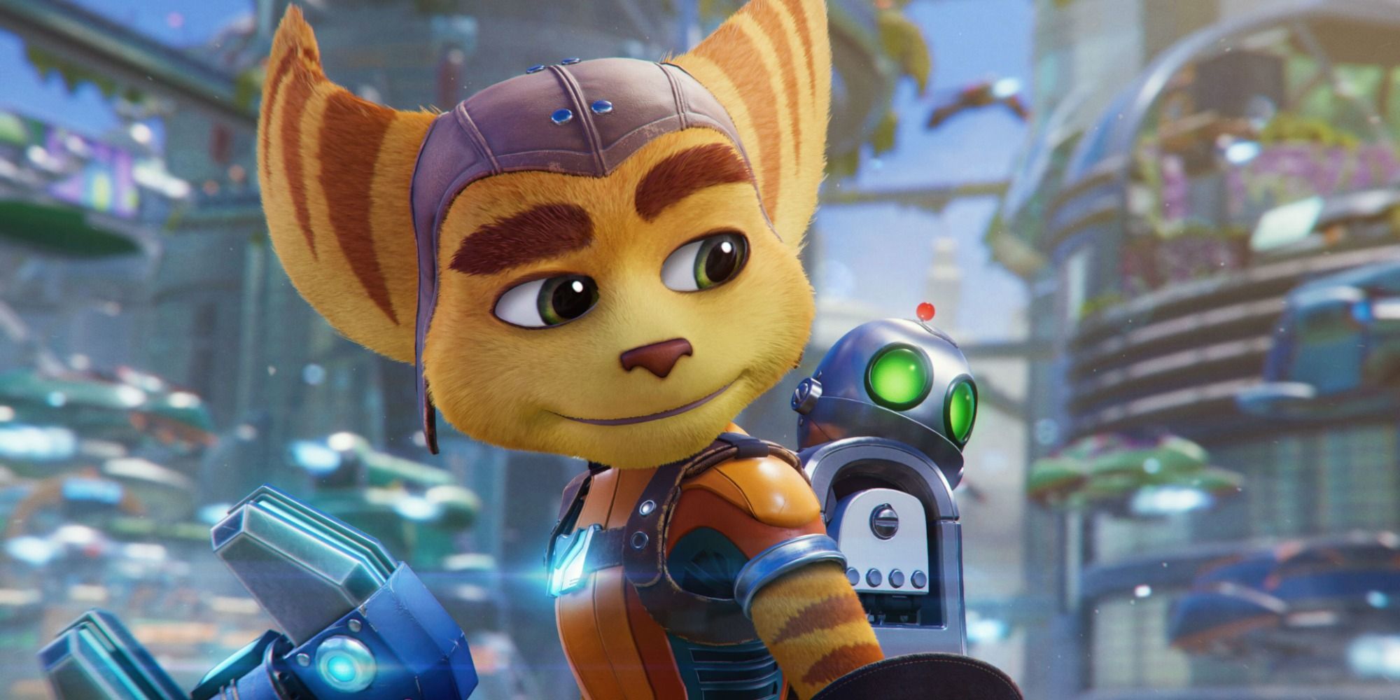 Ratchet smiling and looking at Clank on his back.