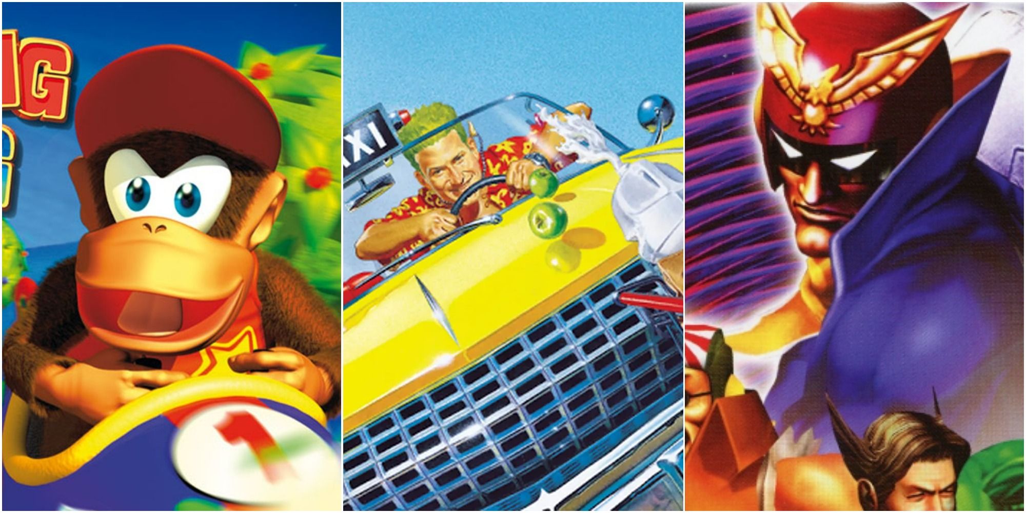 Retro Racing Games Featured Image with Diddy Kong Racing, Crazy Taxi, and F-Zero GX
