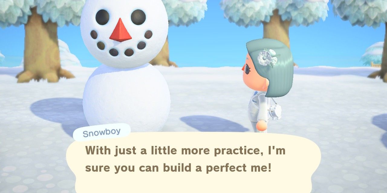 animal crossing new horizons villager with imperfect snowboy in winter