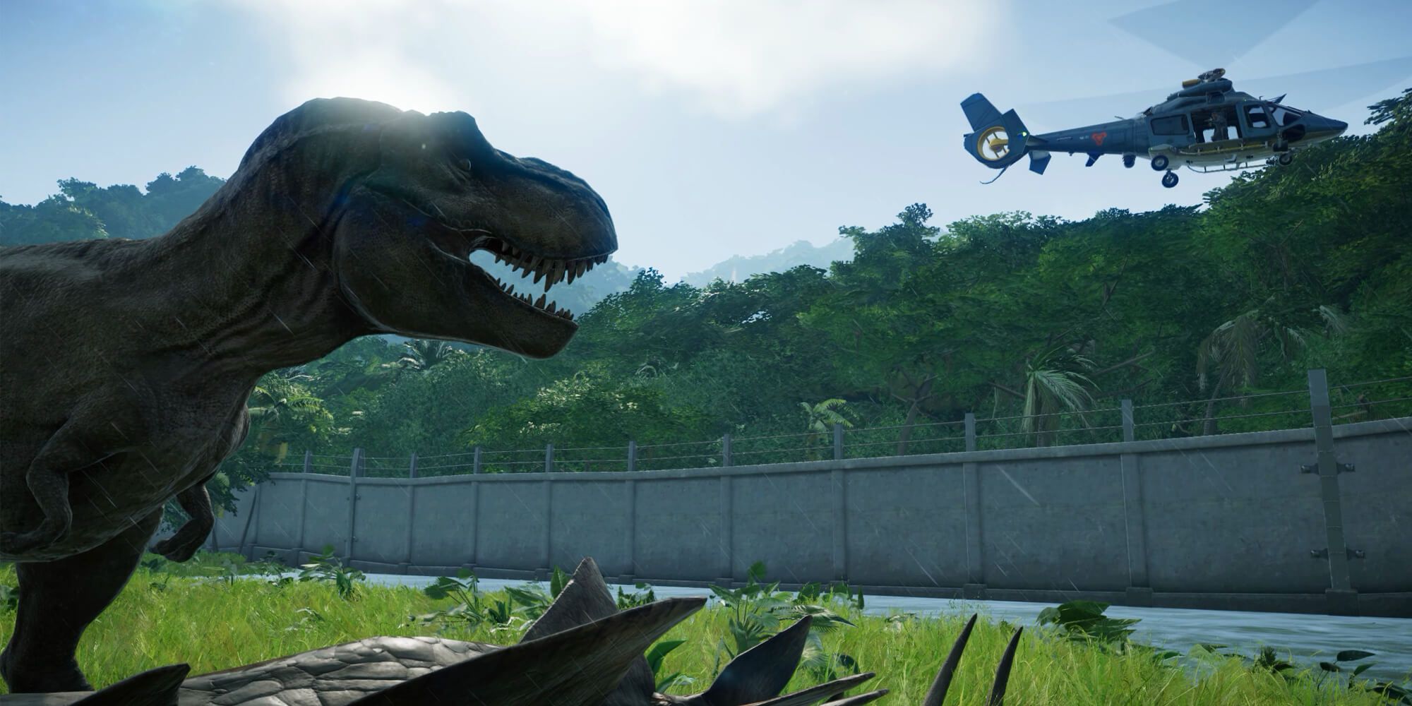 A T-Rex Looks At The Fence And Helicopter