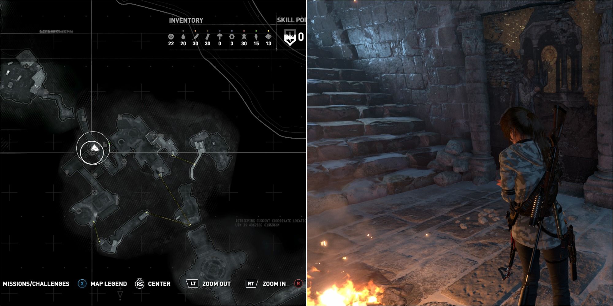 Rise Of The Tomb Raider Split Image Showing Abandoned Mines Mural Location