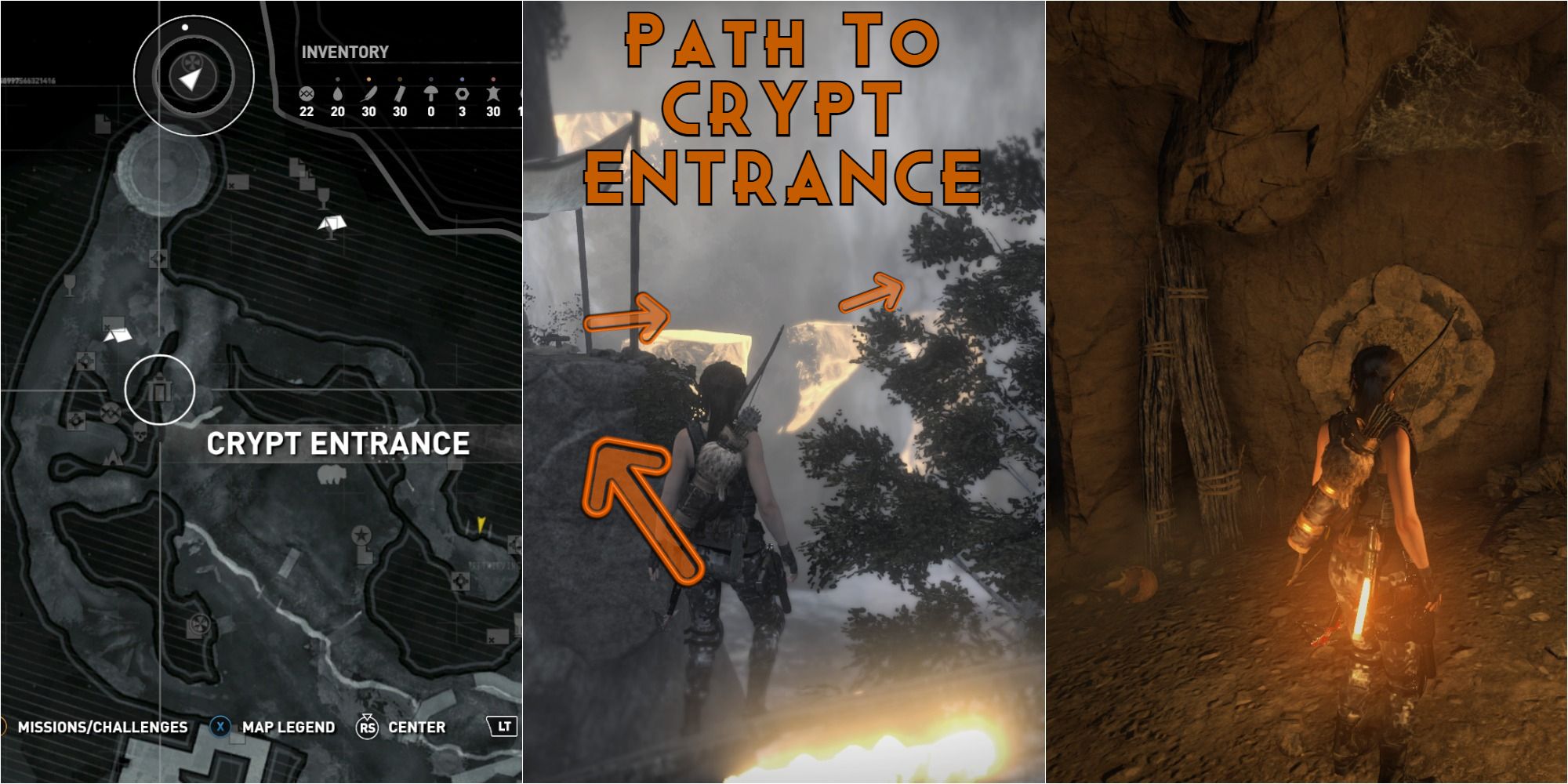 Rise Of The Tomb Raider Crypt Entrance And Mural Split Image With Arrows
