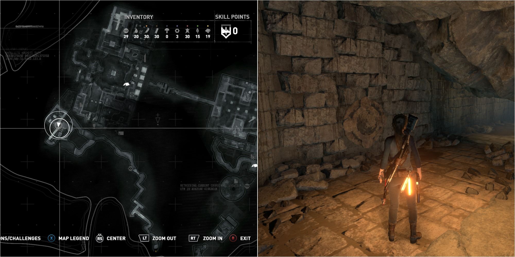 Rise Of The Tomb Raider Split Image Showing Flooded Archives Mural 2 Location
