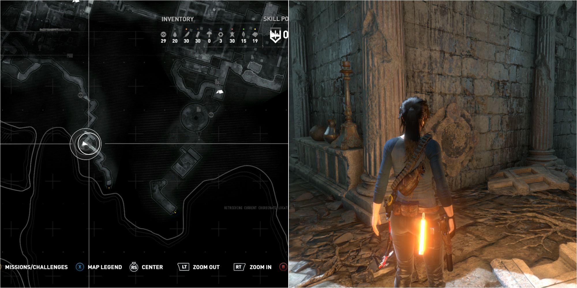 Rise Of The Tomb Raider Split Image Showing Flooded Archives Mural 3 Location