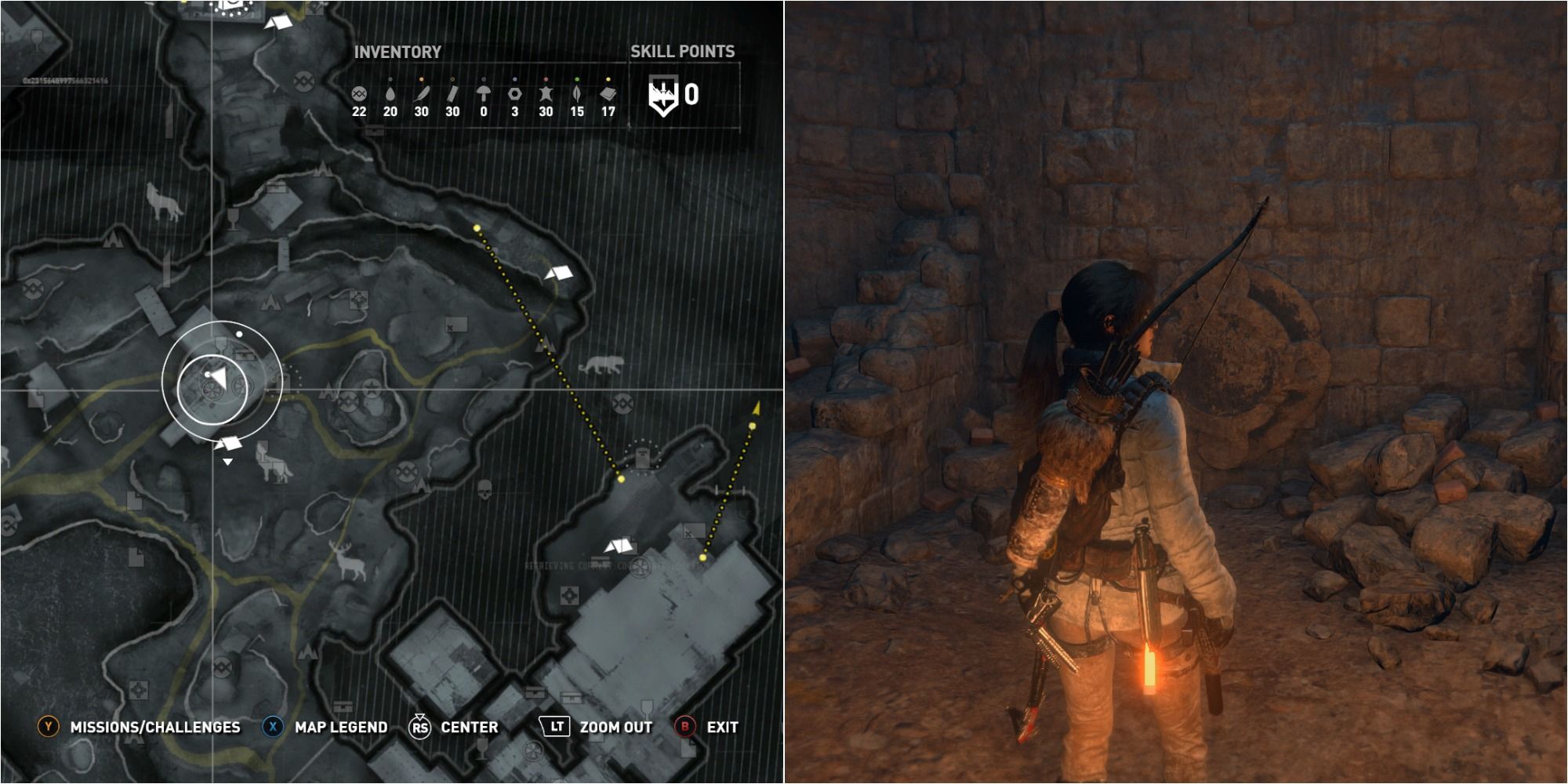 Rise Of The Tomb Raider Split Image Showing Soviet Installation Challenge Tomb Mural