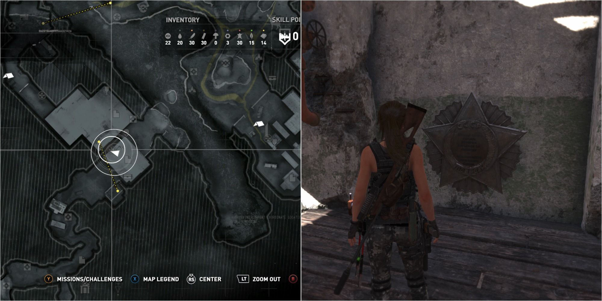 Rise Of The Tomb Raider Split Image Showing Soviet Installation Mural Two