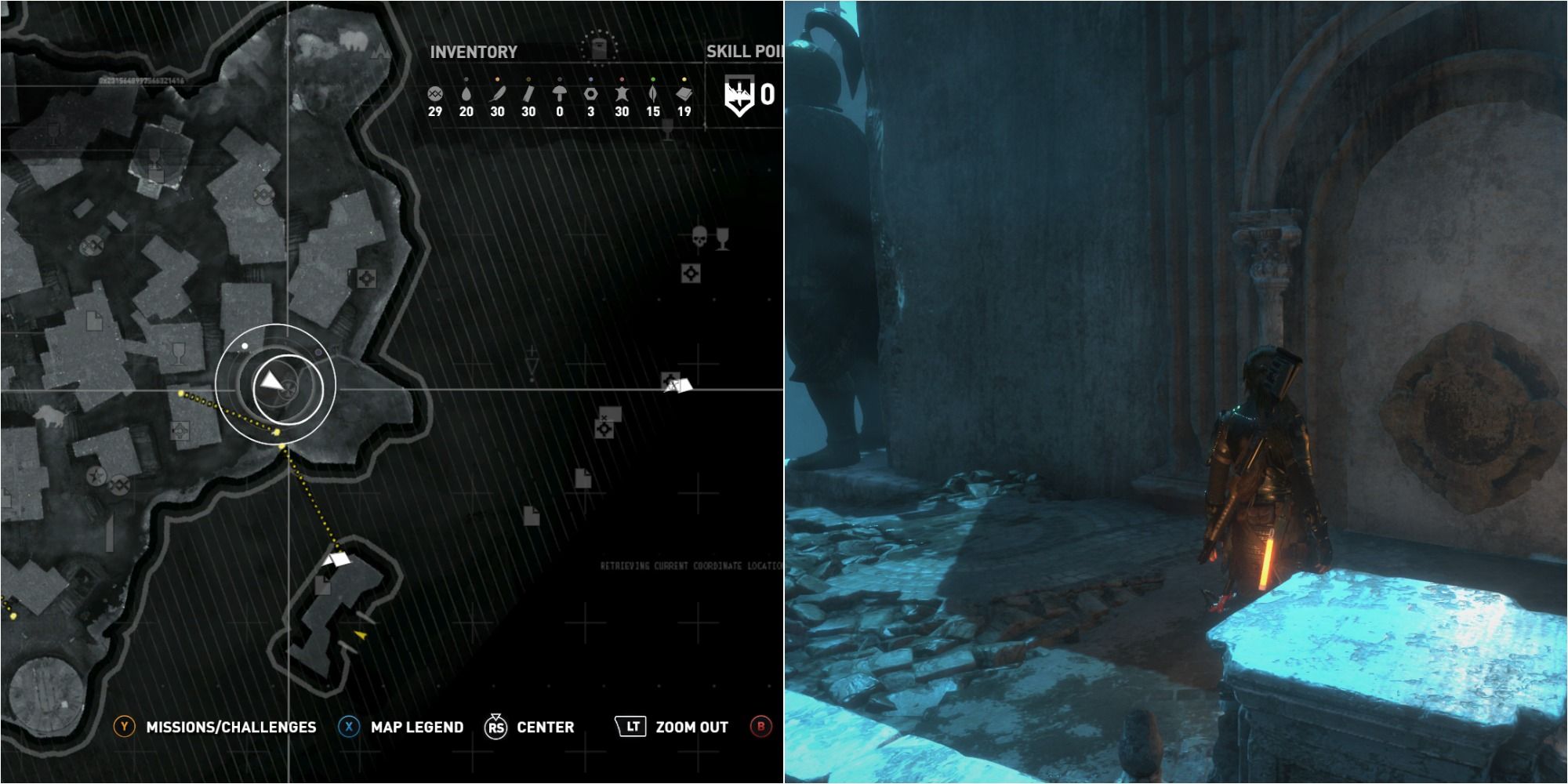 Rise Of The Tomb Raider Split Image Showing The Lost City Mural One Location