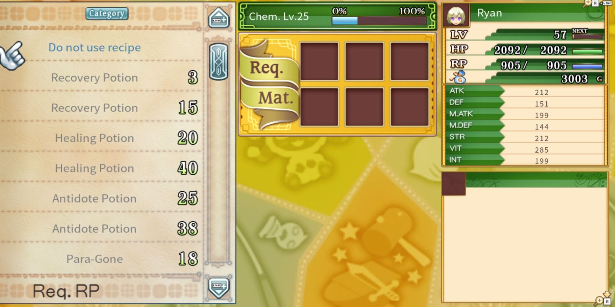 The chemistry crafting menu from Rune Factory 4 Special