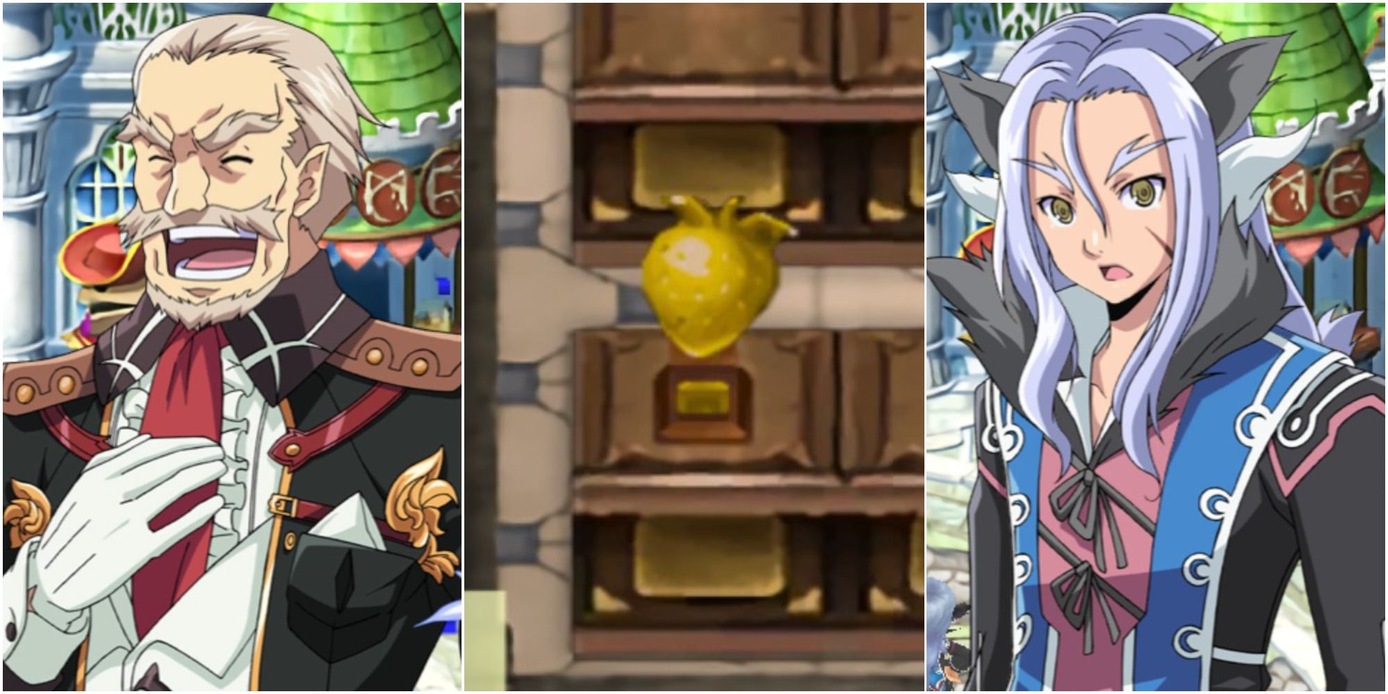 Split image of Volkanon, a Harvest Festival trophy, and Dylas from Rune Factory 4 Special