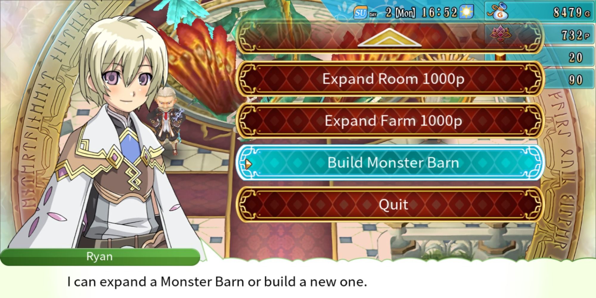 The Orders menu with Build Monster Barn highlighted in Rune Factory 4 Special