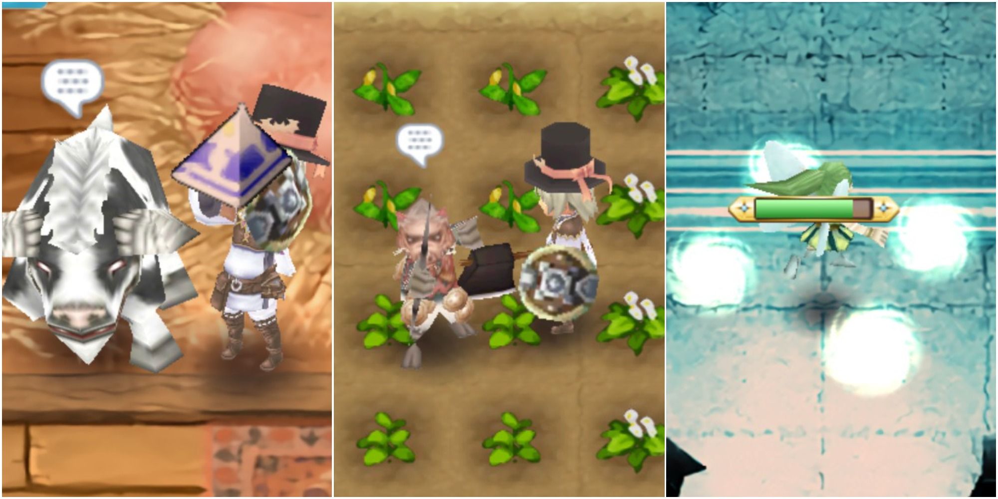 Split image of a buffamoo producing milk, an orc archer on a field, and a fairy using an attack from Rune Factory 4 Special