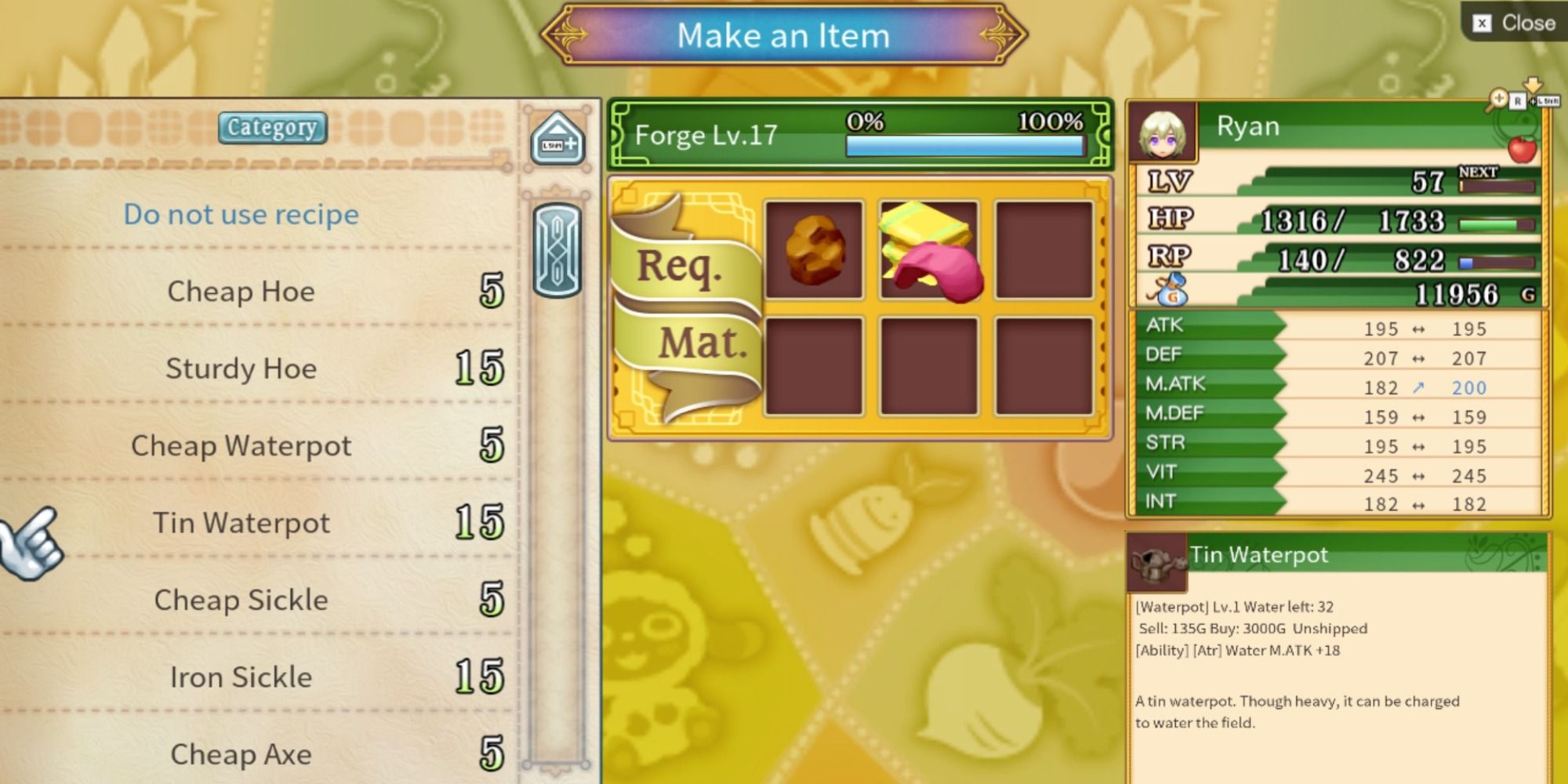The farming tool forging interface in Rune Factory 4 Special
