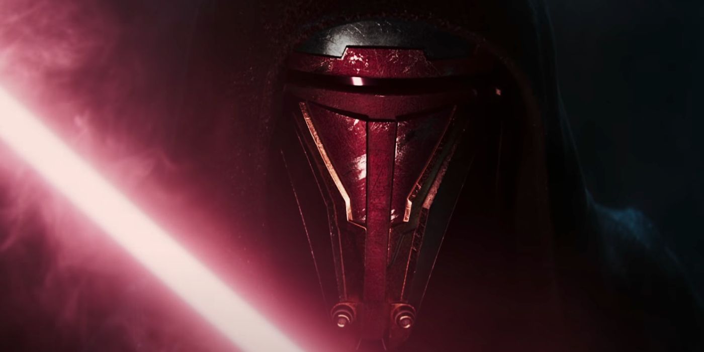 Darth Revan with his lightsaber drawn in the KOTOR remake announcement trailer