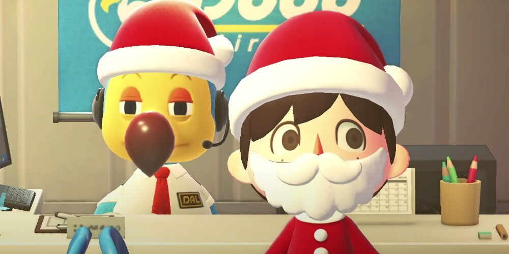 A Screenshot Of A Player In Animal Crossing New Horizons Dressed As Santa Claus In The Airport.