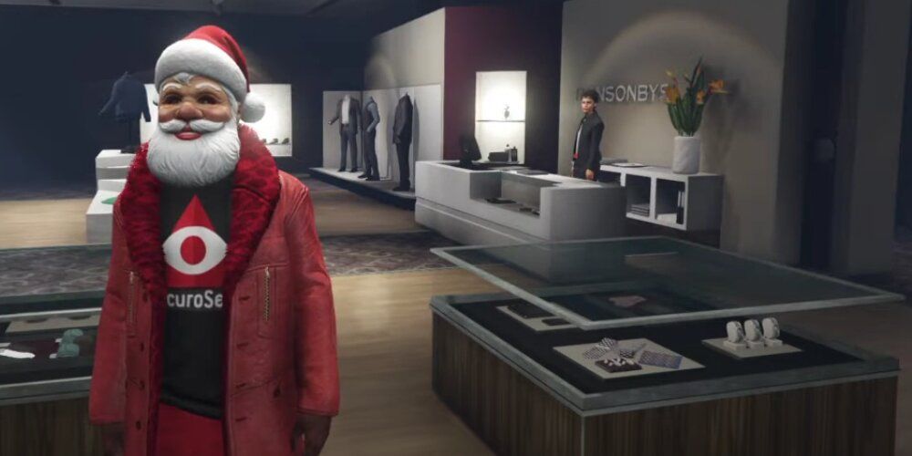 A Screenshot From Grand Theft Auto V Gameplay Showing A Player Dressed As Santa Claus In A Clothes Store.