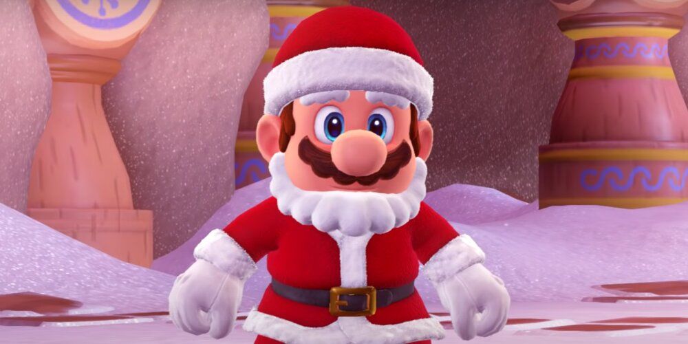 A Screenshot Of Super Mario Odyssey Game Play Showing Mario Dressed As Santa Claus