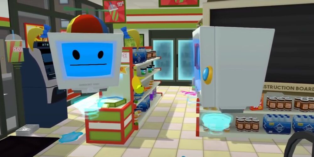 A screenshot from a gameplay of the VR Game Job Simulator showing some customers waiting to be served.