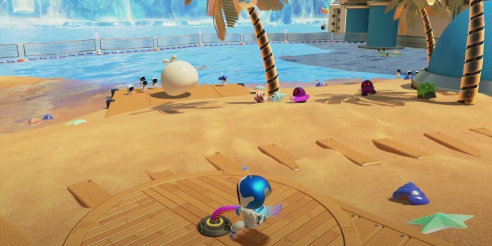 A Screenshot From VR Gameplay Of Astrobot Rescue Mission Showing The Beach Level.