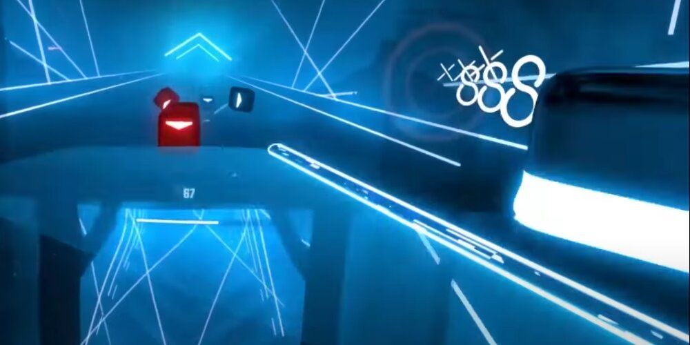 A Screenshot From VR Gameplay Of Beat Saber.