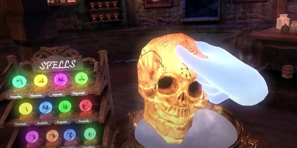 A Screenshot Of VR Gameplay Of Waltz Of The Wizard Showing A Selection Of Spells And A Skull Held By A Hand.