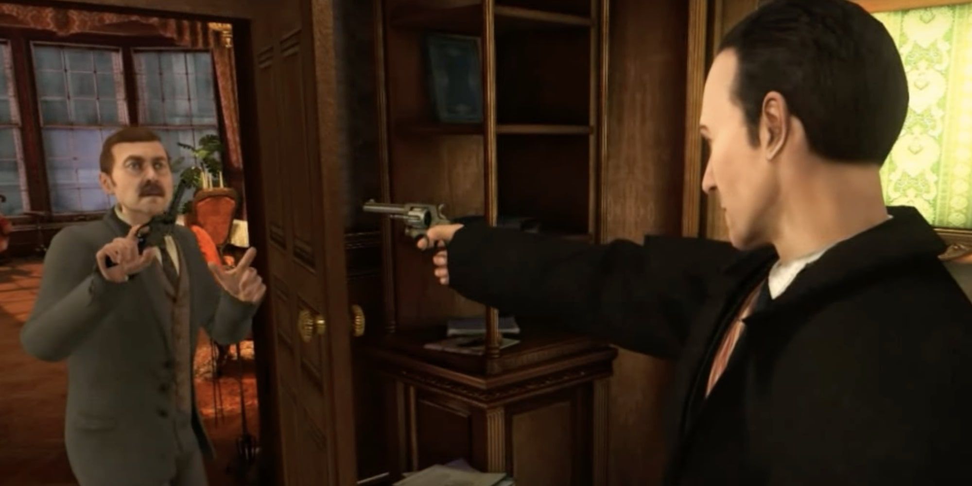 Sherlock aims a gun at Dr Watson