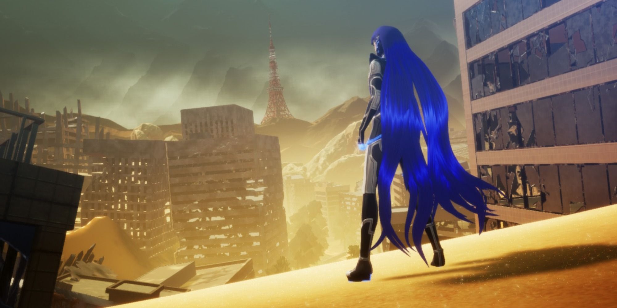 The protagonist of Shin Megami Tensei 5 looking over a post-apocalyptic Tokyo