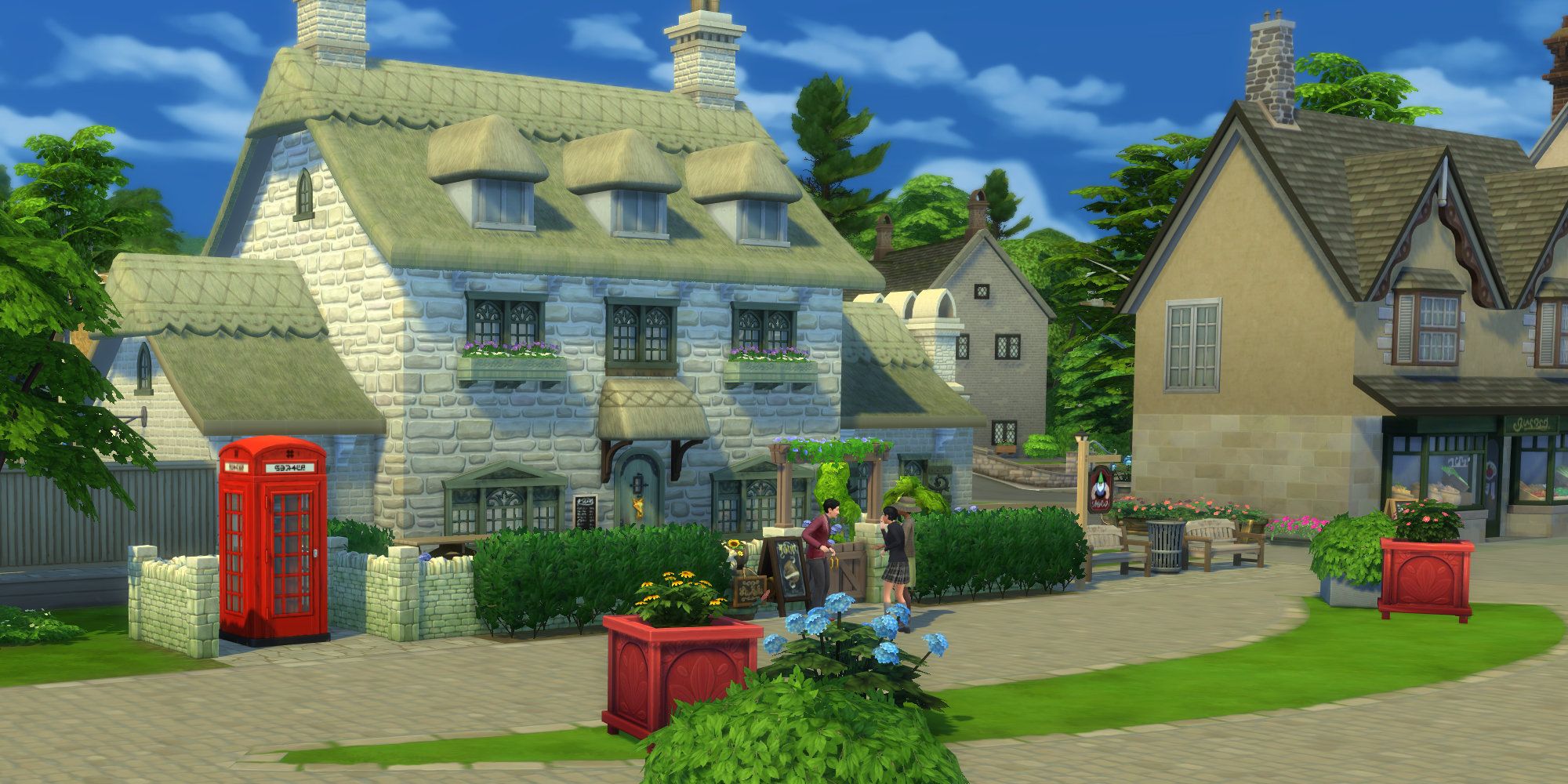 Sims 4 cottage pub in henford with goths outside