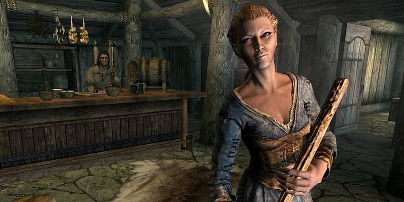 Delphine working as an Innkeeper at the Sleeping Giant Inn in Skyrim's Riverwood