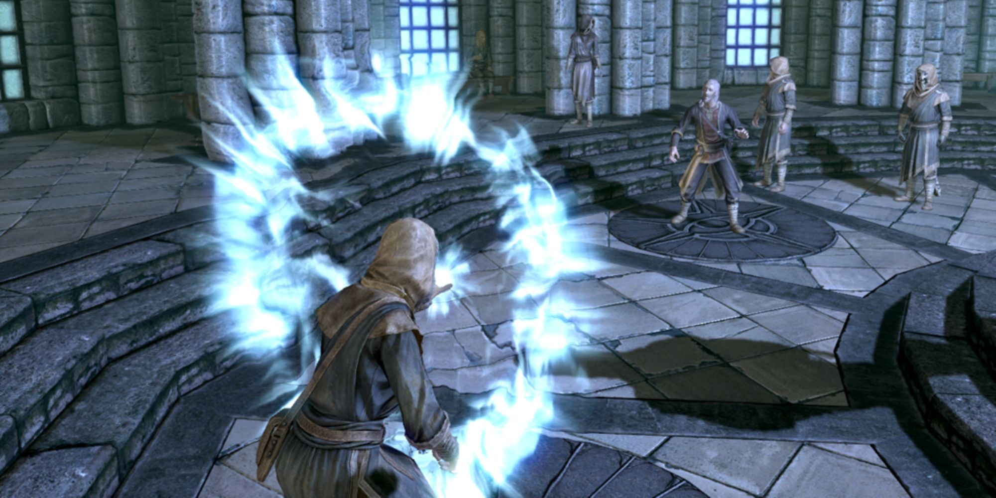 A breton practices the lesser ward spell in the College of Winterhold
