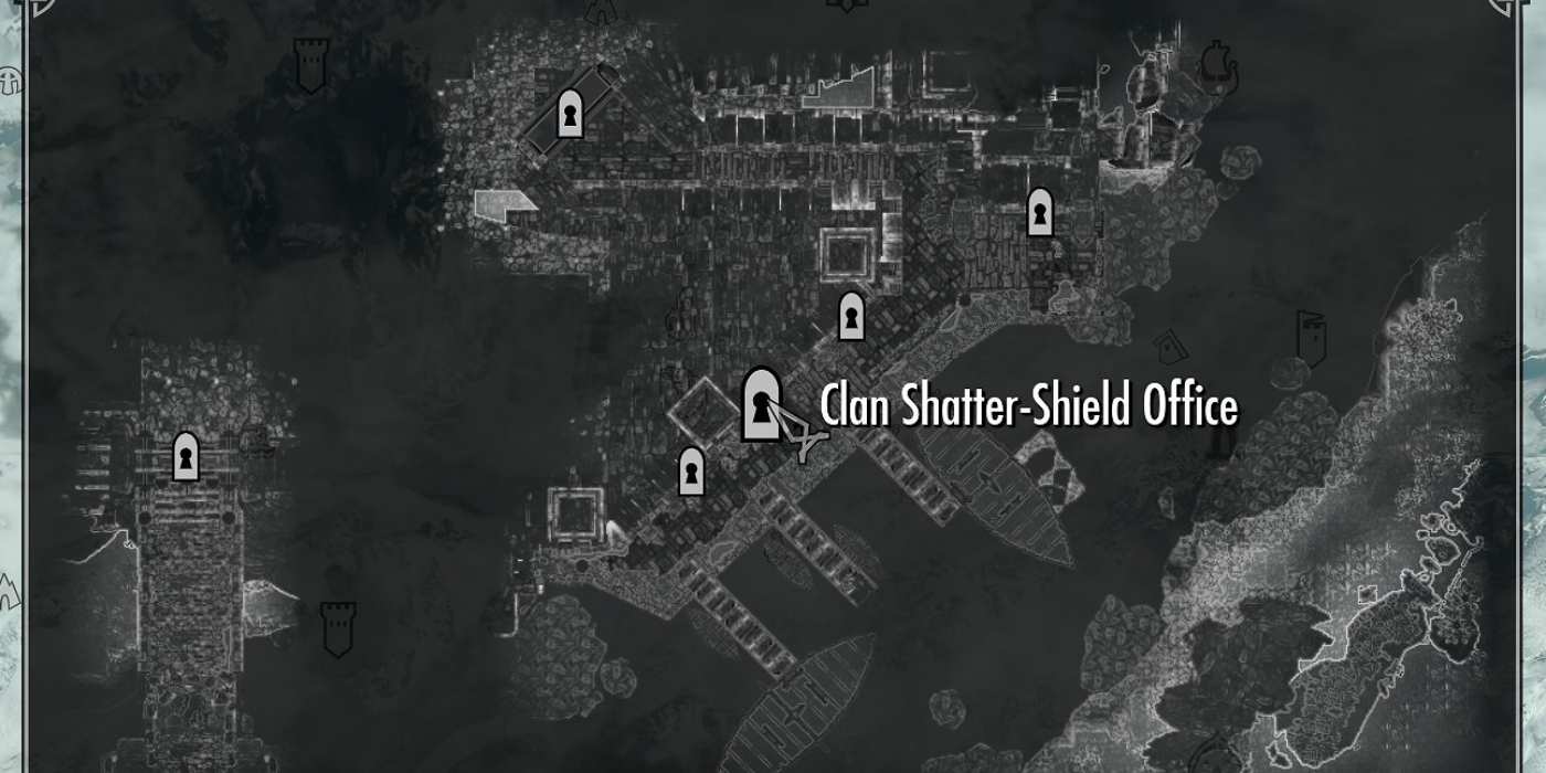 Clan Shatter-Shield's office location on the local map of the Windhelm Docks