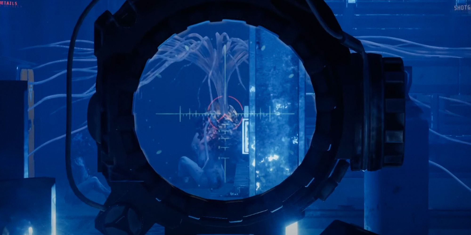 GTFO enemy through the scope of a sniper. blue darkened lighting. enemy with long outstretching tentacles.