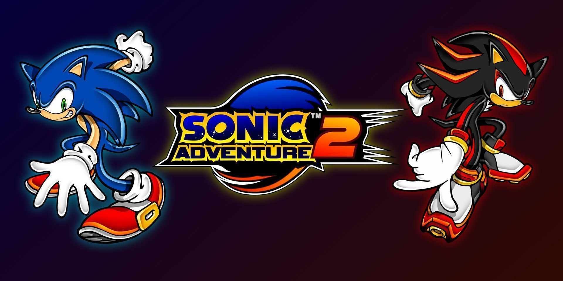 Sonic on the left and Shadow on the right with the Sonic Adventure 2 logo in the middle