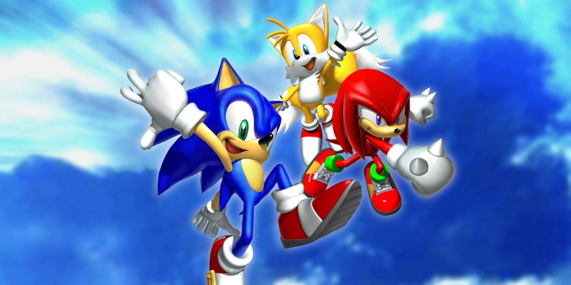 Sonic, Tails and Knuckles all jumping in the air