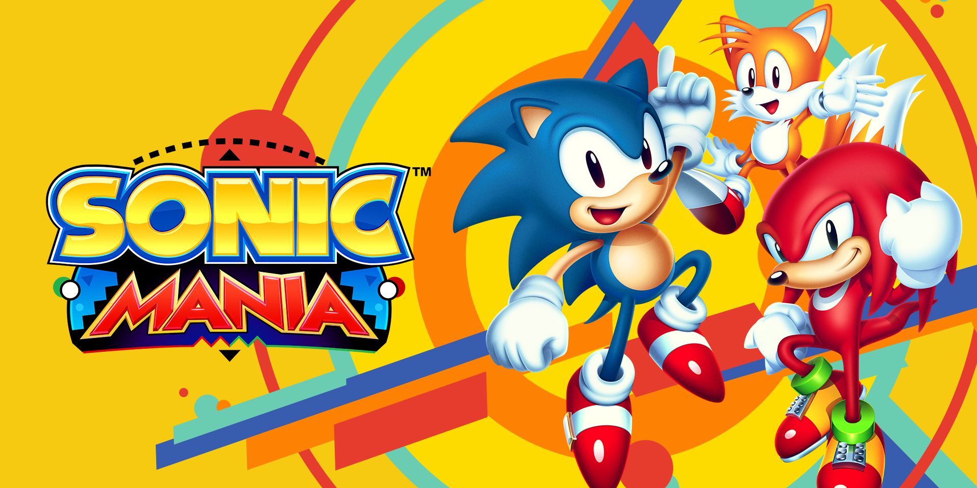 Sonic, Tails and Knuckles with the Sonic Mania logo to the left