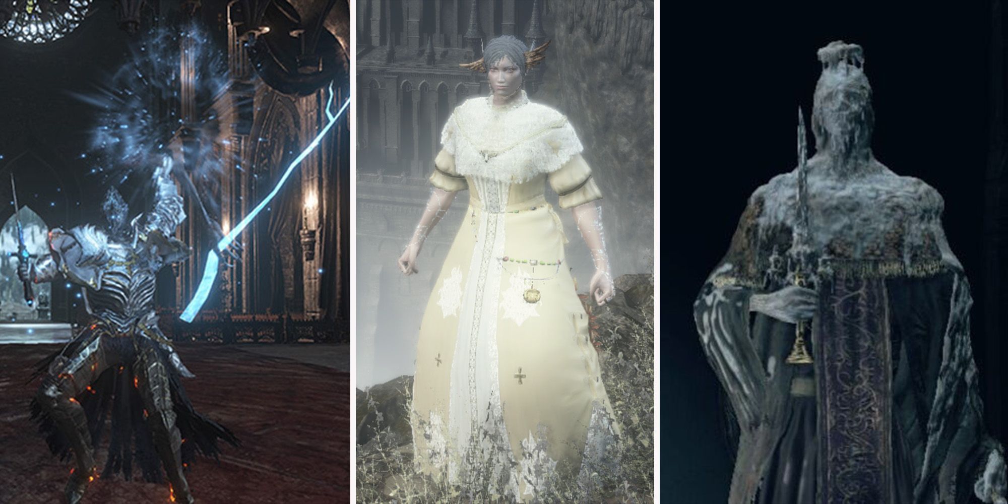 Various Sorcery Boosting Equipment in Dark Souls 3 such as the Antiquated Set, The Scholar's Candlestick, and the Preacher's Right Arm