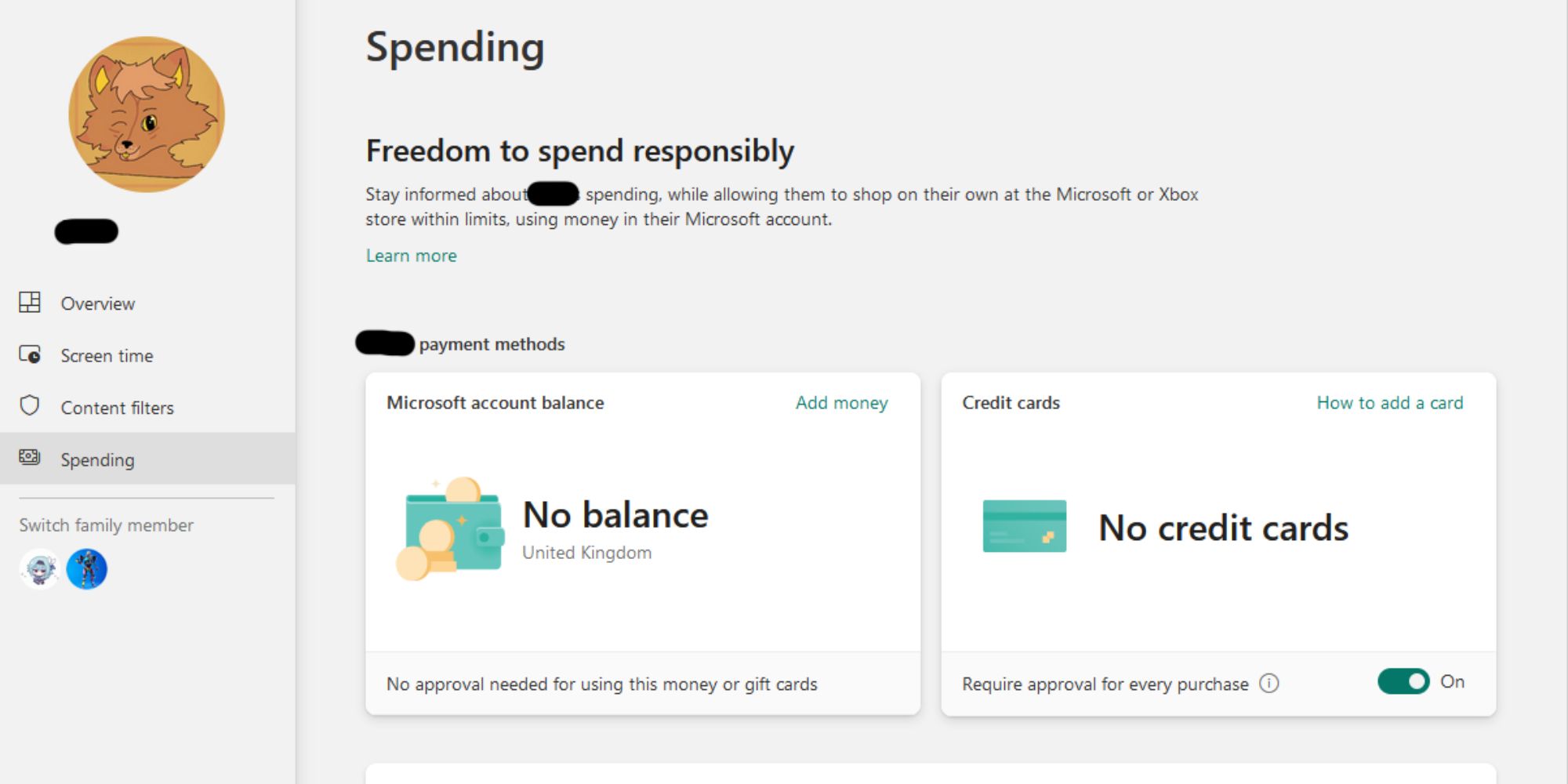 Spending settings on MS website