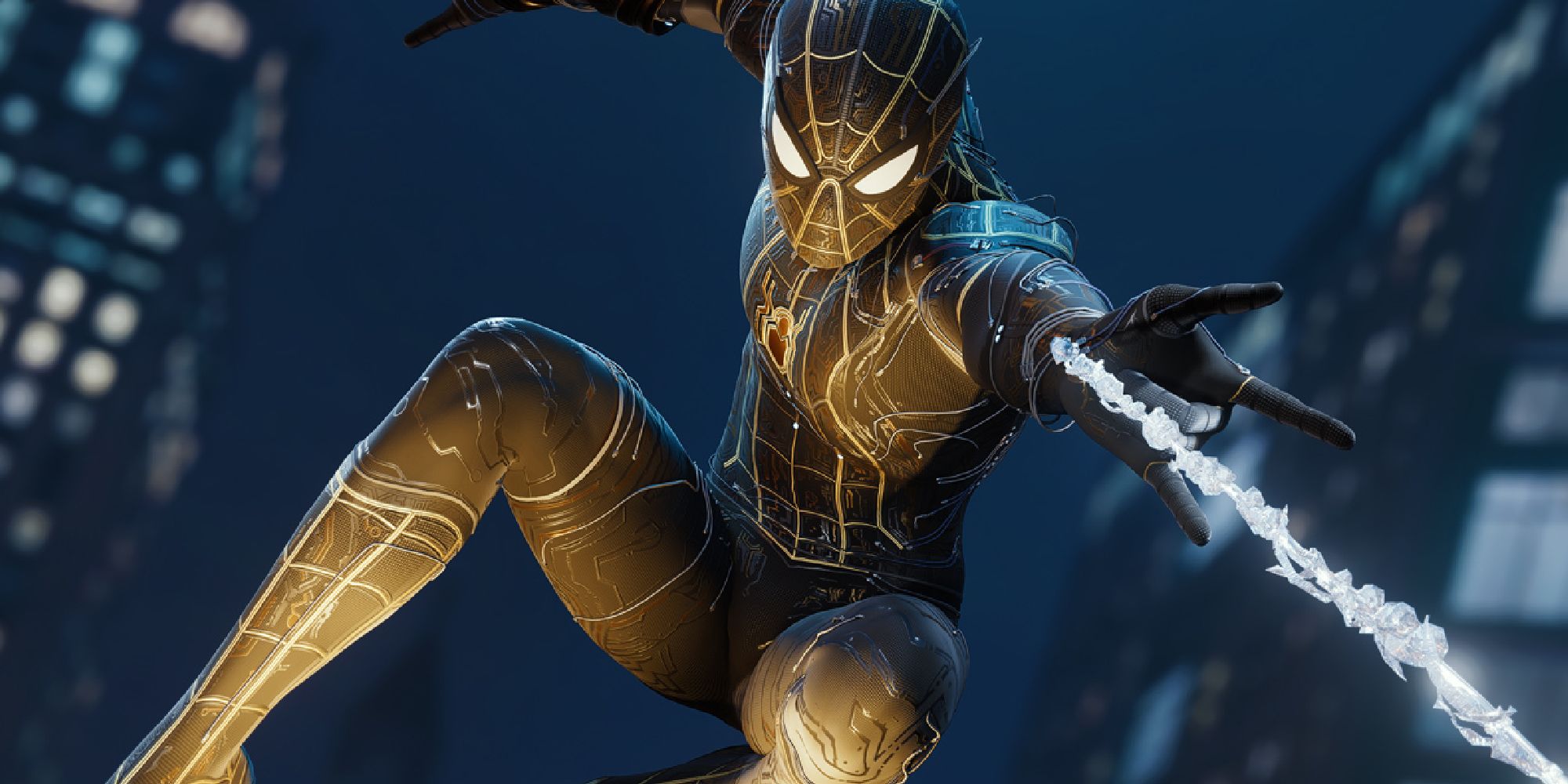 Spider-Man wearing the black and gold magic MCU suit, swinging