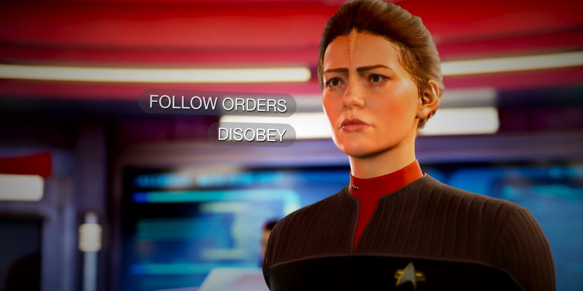 Main character Jara Rydek having to choose to disobey or follow the orders she was given in Star Trek: Resurgence.