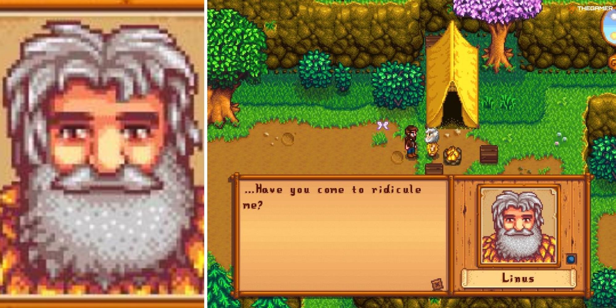 Stardew Valley Linus - image of characters face on left, character talking in game on right