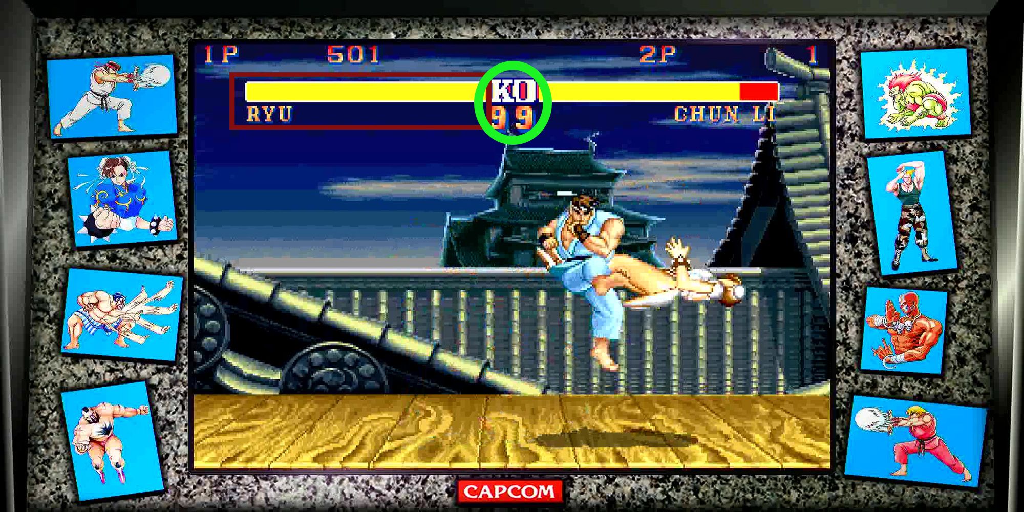 Annotated training mode screenshot from Street Fighter II' Hyper Fighting in Street Fighter 30th Anniversary Collection.