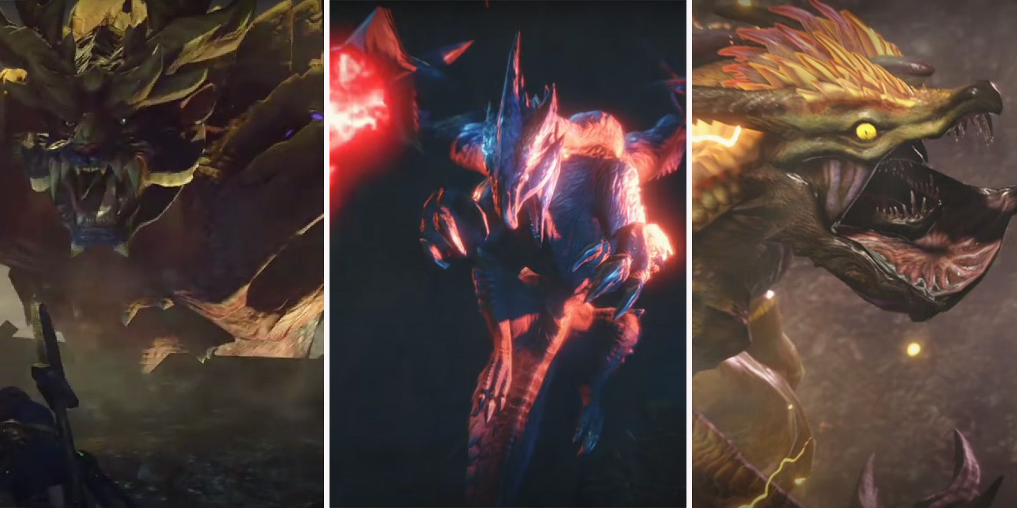 Strongest Monsters from Monster Hunter Rise Feature Image featuring Allmother Narwa, Magnamalo, and Crimson Glow Valstrax