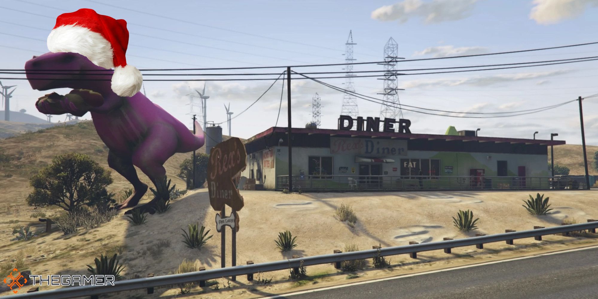 a T-rex statue outside rex's diner in gta online in a santa hat