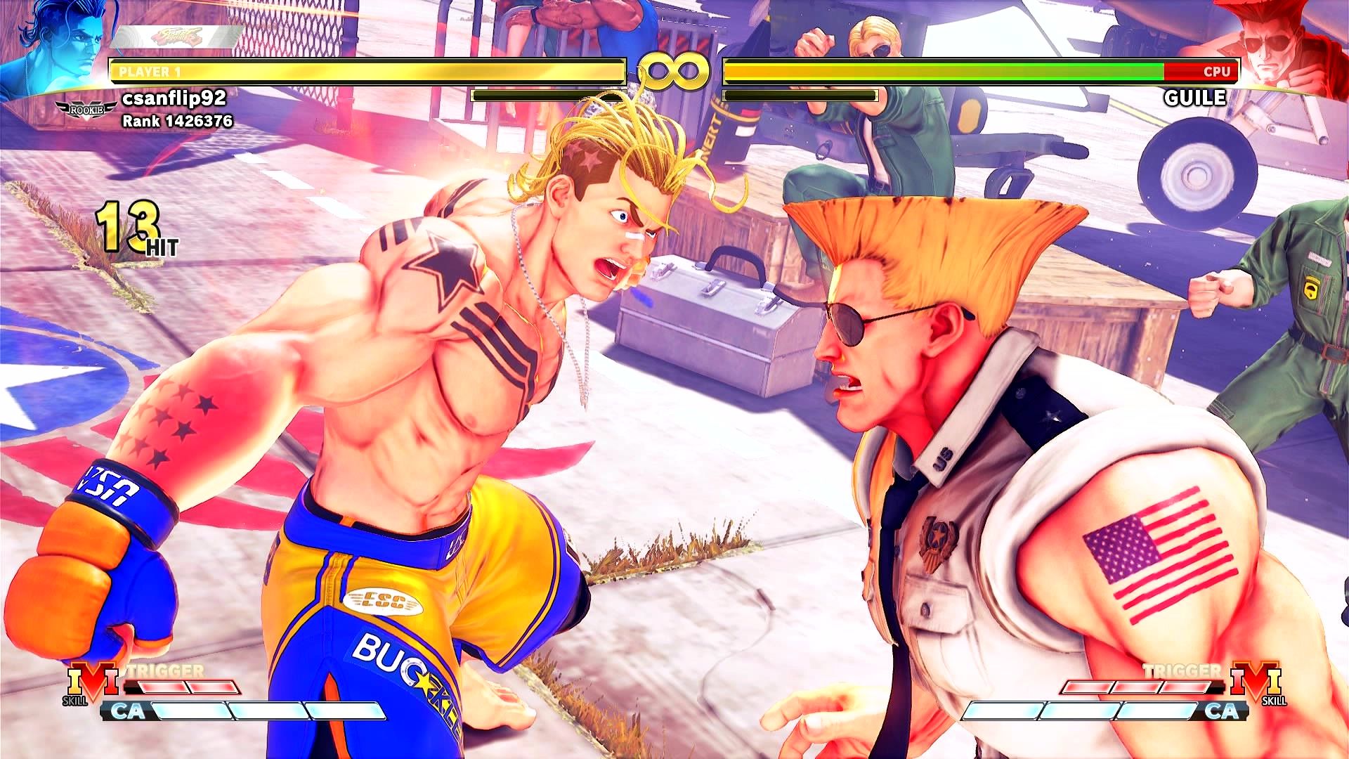 Mid-range close-up shot of Luke and Guile in Street Fighter 5.