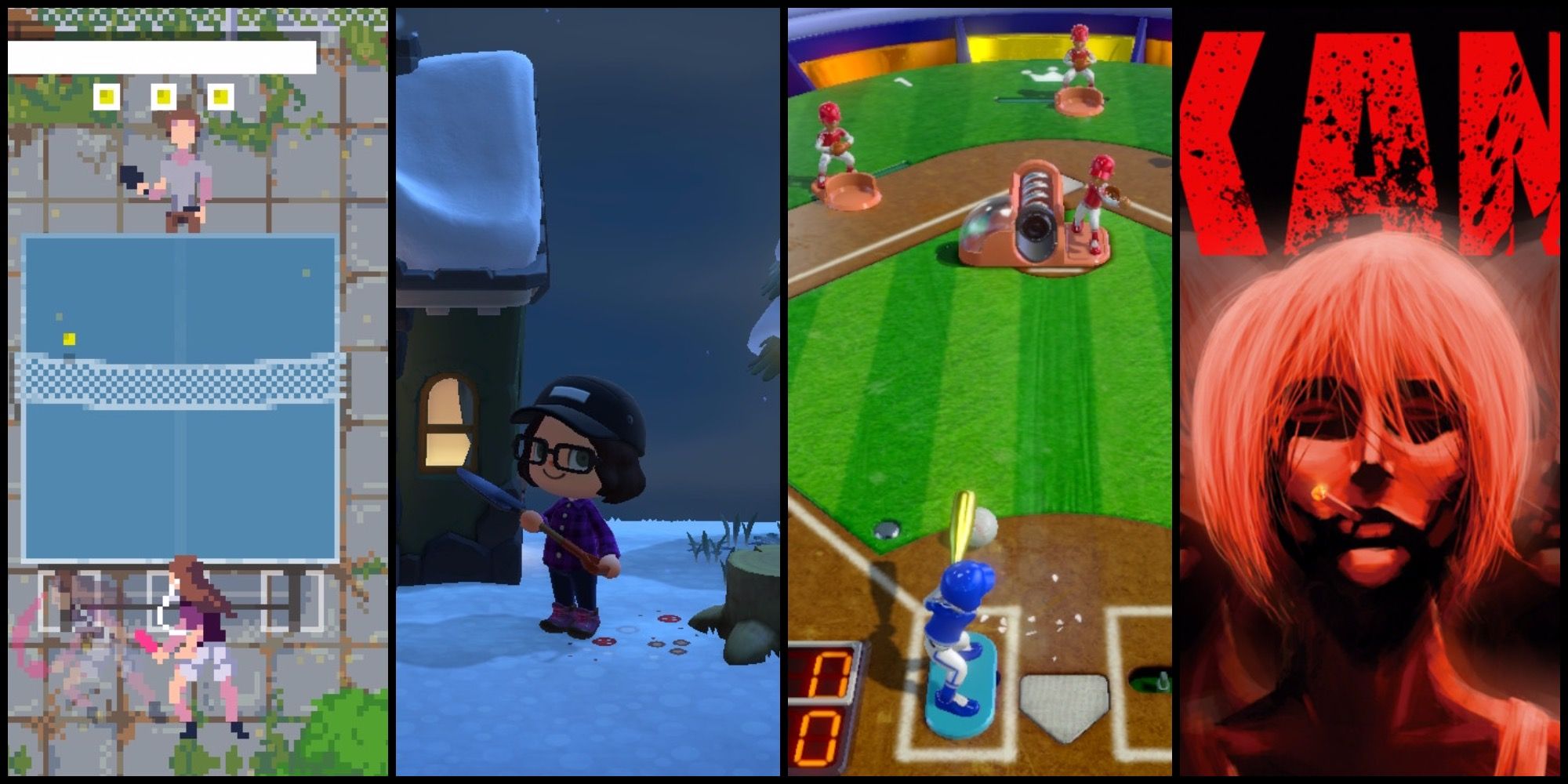 Split image screenshots of Lofi Ping Pong, Animal Crossing New Horizons, Clubhouse Games and Akane. Two people playing ping pong a character holding a shovel a toy baseball game and a character smoking a cigarette