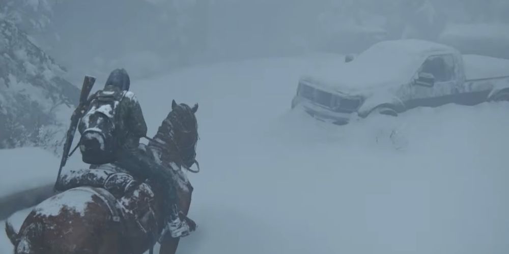 The Last Of Us Part 2, riding a horse through white out conditions