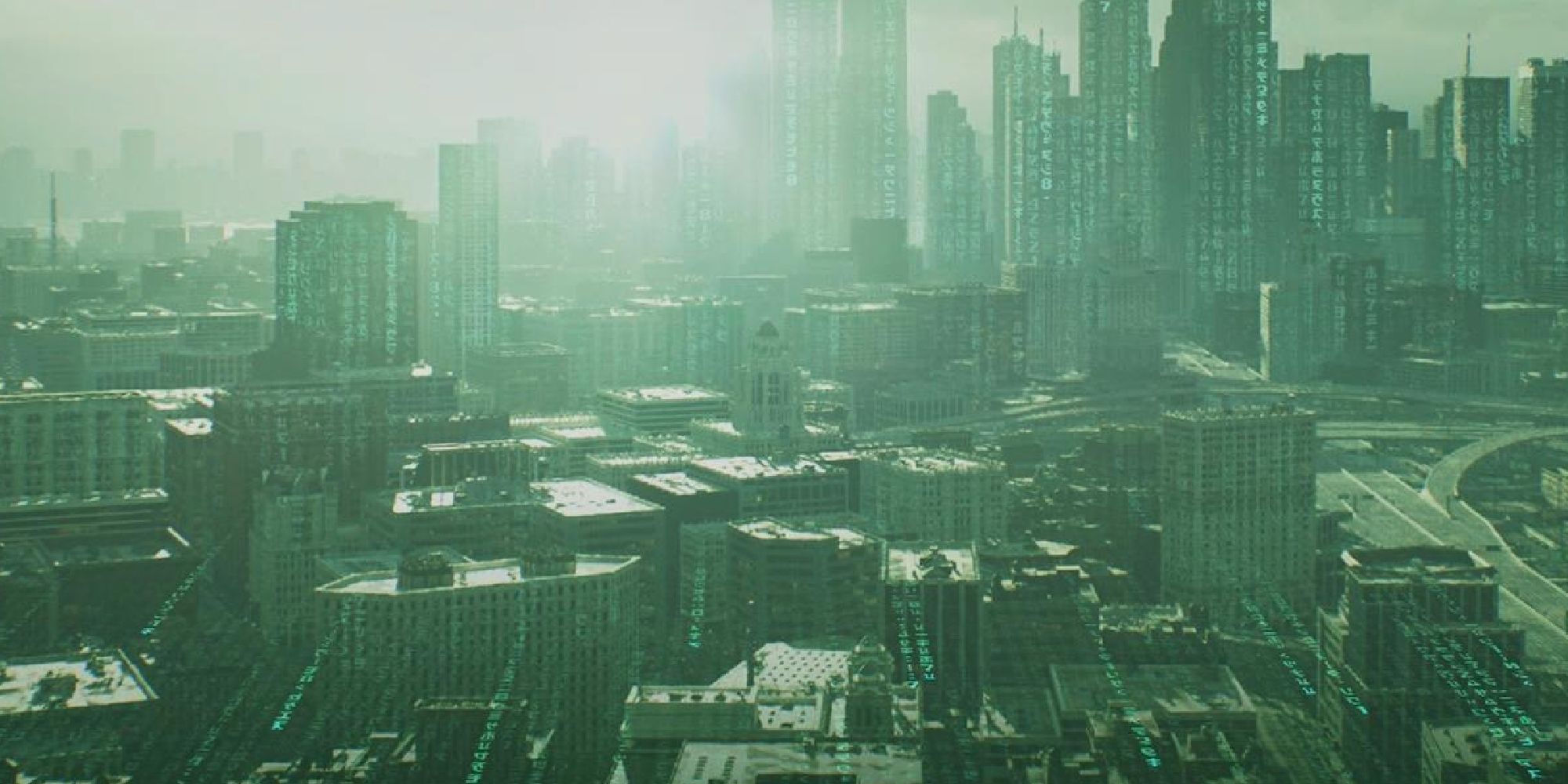 The Matrix game showing a green tinted cityscape 