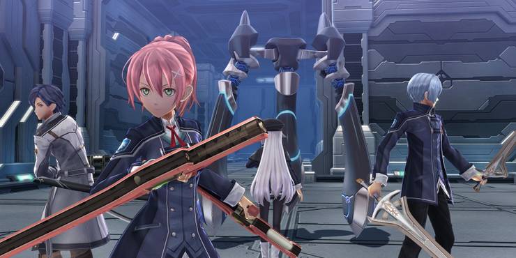 Trails Of Cold Steel 3 characters squadding up together ready for a battle with weapons.
