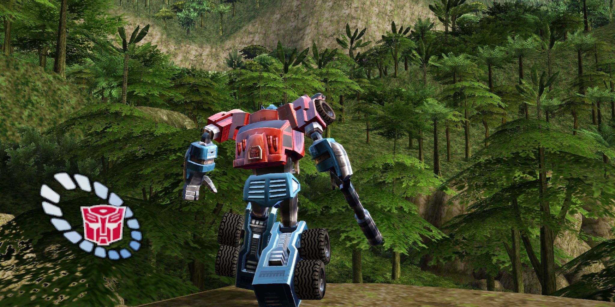 Optimus Prime in the Amazon rainforest in the center and health bar to the left