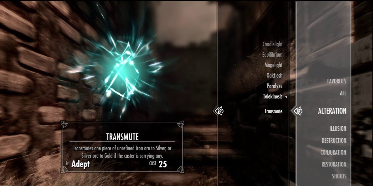 The Transmute spell in the Alteration spell menu in Skyrim